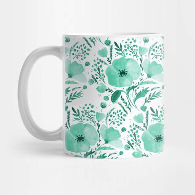 Watercolor poppies bouquet pattern - aqua by wackapacka